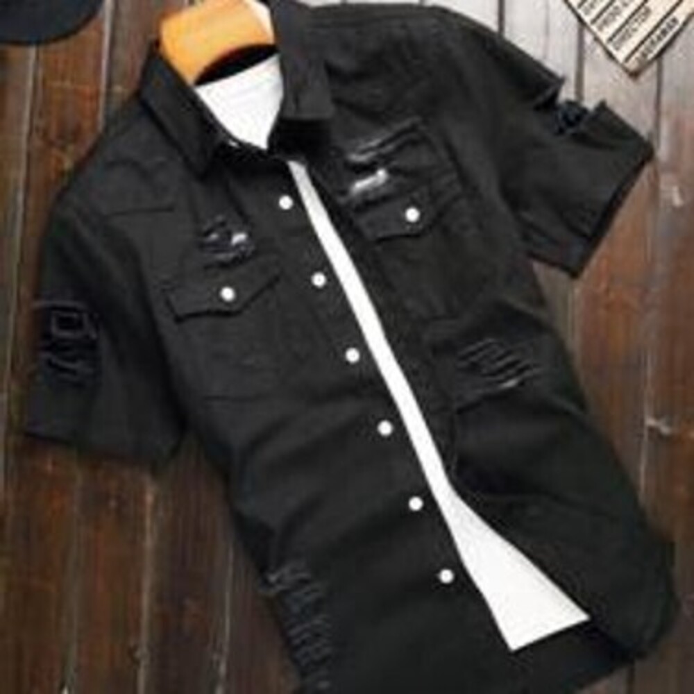 Manfinity Homme Men Ripped Flap Pocket Denim Shirt Without Tee